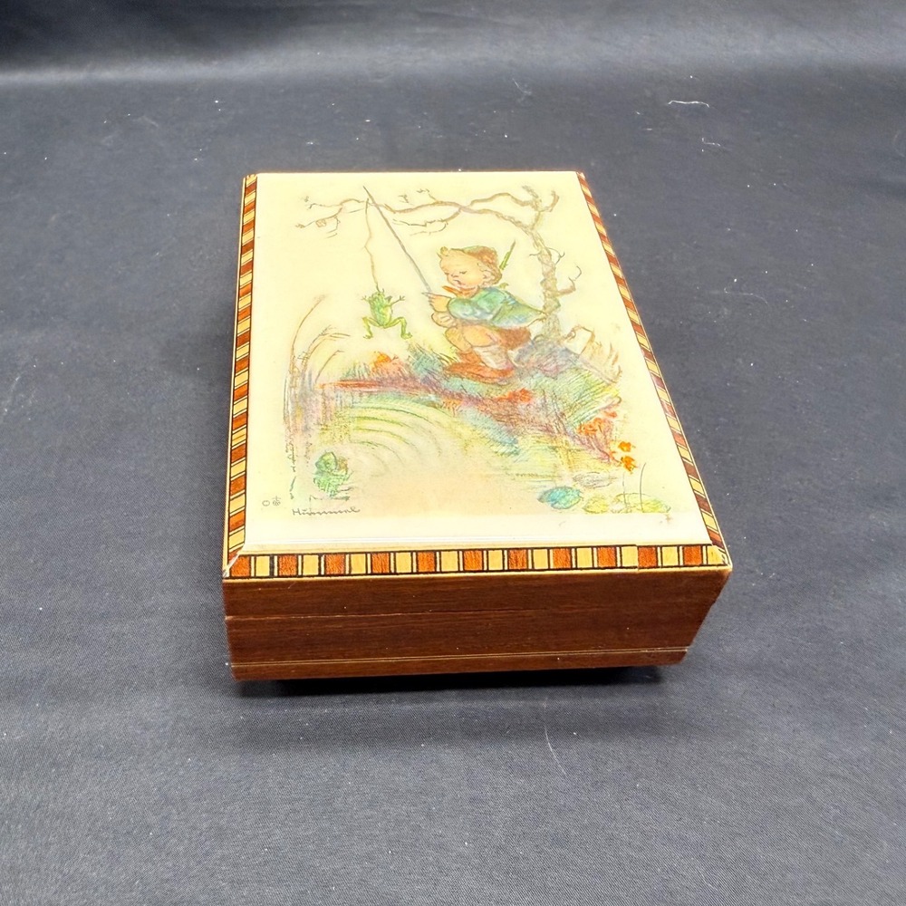 VTG Reuge Swiss Music Box Edelweiss Hummel Style Boy Fishing Wood Jewelry Box